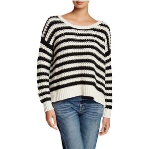 Free People At The Beach  Long Sleeve Cotton Pullover Sweater Ivory/Black Sz Med